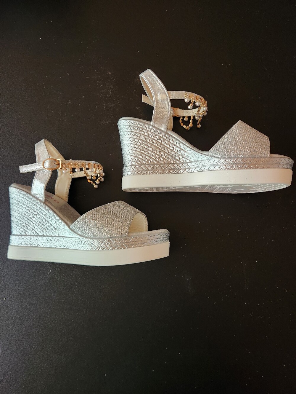 Sparkle Silver Wedge Sandals with Beaded Ankle Strap